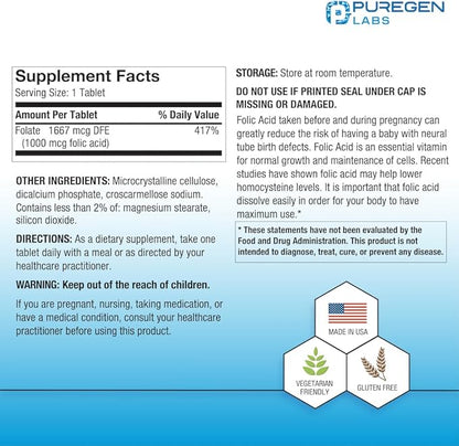 Puregen Labs Folic Acid 1000 mcg Tablets | Vitamin B9 | Non-GMO | Gluten Free | Made in USA | Value Size 1000 Tablets