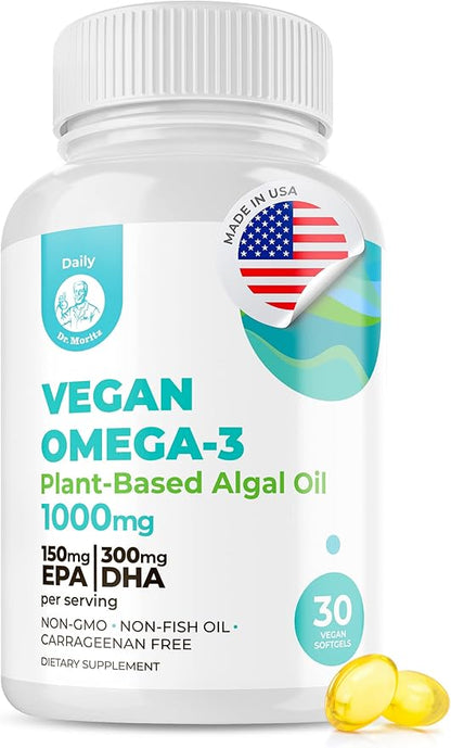 DR. MORITZ Vegan Omega 3 DHA & EPA Supplement - Algae Omega-3 Fatty Acids 1000mg - Fish Oil Alternative for Heart, Brain, Joint, Immune System Support 30 Count(Pack 1)