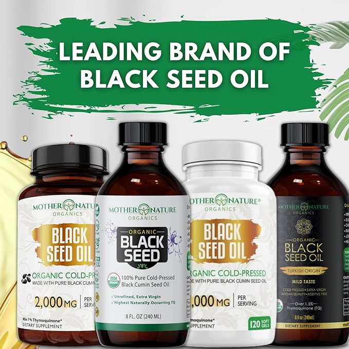 Mother Nature - Organic Black Seed Oil Capsules, Cold Pressed, 2% TQ, 100% Turkish-Black Cumin Nigella, Sativa Oil-3 Month Supply for Immune Support, Joint, Digestive Health,1000mg per Capsule, 180ct