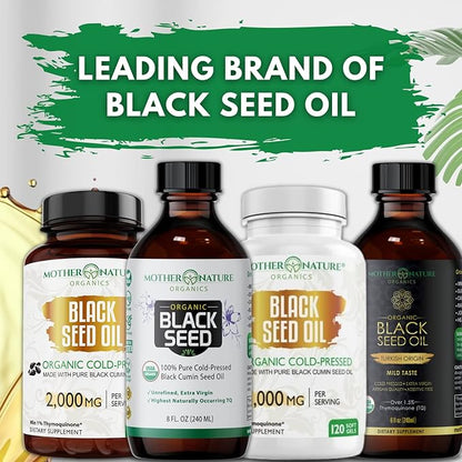 Mother Nature - Organic Black Seed Oil Capsules, Cold Pressed, 2% TQ, 100% Turkish-Black Cumin Nigella, Sativa Oil-3 Month Supply for Immune Support, Joint, Digestive Health,1000mg per Capsule, 180ct