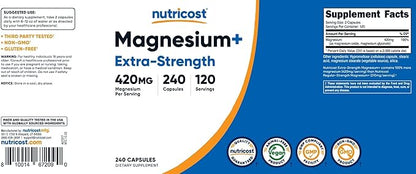 Nutricost Magnesium+ Extra Strength 420mg, 240 Capsules - 120 Servings. Magnesium Oxide and Glycinate - Non-GMO, Gluten Free, Vegan Friendly
