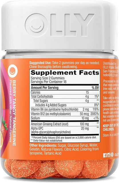 OLLY Laser Focus Gummy, Ginseng, Alpha GPC, B Vitamins, Berry Tangerine Flavor - 36 Count