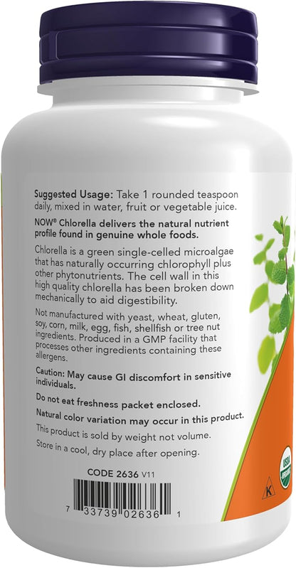 NOW Foods Supplements, Organic Chlorella Powder with naturally occurring Chlorophyll, Beta-Carotene, mixed Carotenoids, Vitamin C, Iron and Protein, 4-Ounce