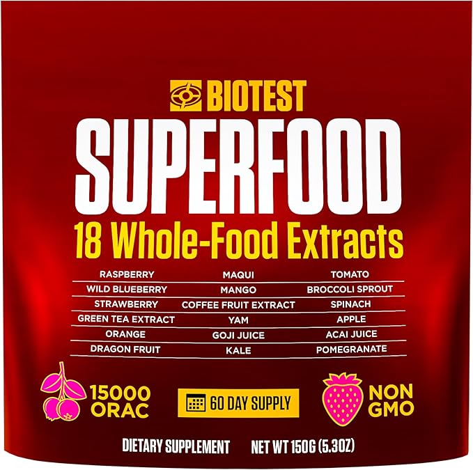 Biotest Superfood Powder Blend of 18 Whole Food Berries, Fruits, and Vegetables - Healthy Polyphenols, Antioxidants, Vitamins, Minerals - 60 Day Supply - 150 g
