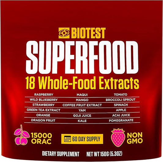 Biotest Superfood Powder Blend of 18 Whole Food Berries, Fruits, and Vegetables - Healthy Polyphenols, Antioxidants, Vitamins, Minerals - 60 Day Supply - 150 g