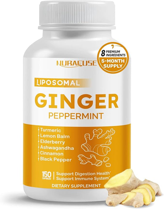 Liposomal Ginger Peppermint Turmeric Elderberry - Support Digestion Health, Immune System - Made and Tested in The USA
