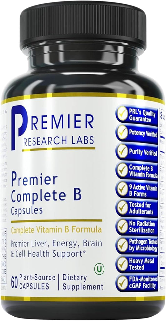 Premier Research Labs Complete B: Vitamin B Complex Supplement for Optimal Health | Vitamin B Supplement with Biotin | 9 Active B Vitamins | for Liver, Energy & Brain Support - 60 Capsules