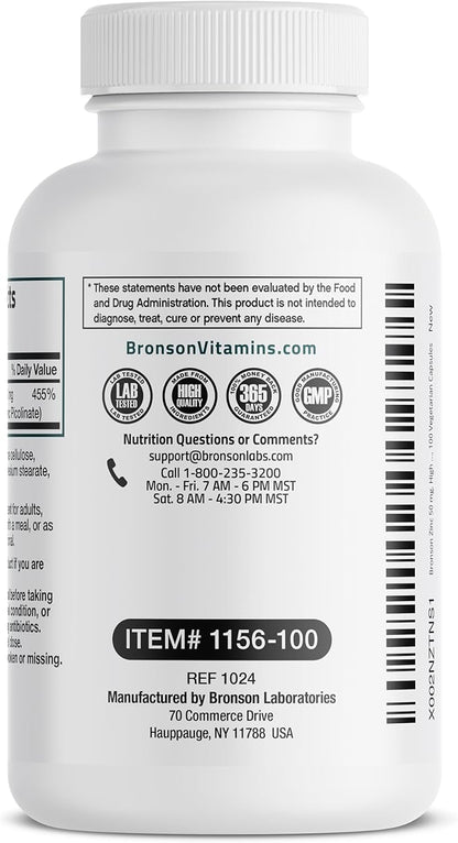 Bronson Zinc 50mg Complex High Potency Immune Support Supplement & Antioxidant and Skin Health - Non GMO, 100 Vegetarian Capsules
