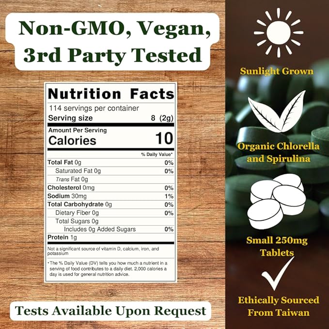 NaturalZing 100% Pure Chlorella/Spirulina Tablets | 1000 250mg Tablets | 60 Servings | 60% Protein | Vegan Protein | Omega 3s | Alkaline | Chlorophyll | Cracked Cell | Grown with Sunlight | Taiwanese