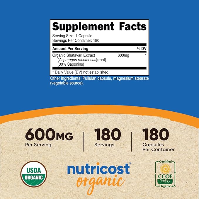 Nutricost Shatavari 600mg, 180 Capsules, 180 Servings - CCOF Certified Made with Organic Shatavari, Non-GMO, Gluten Free, Vegetarian Friendly