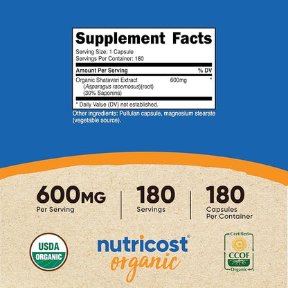 Nutricost Shatavari 600mg, 180 Capsules, 180 Servings - CCOF Certified Made with Organic Shatavari, Non-GMO, Gluten Free, Vegetarian Friendly