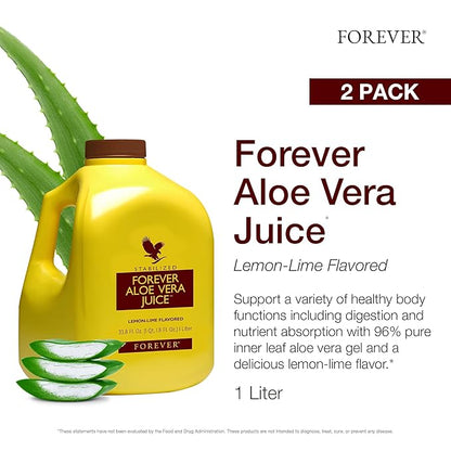 Forever Living - Aloe Vera Juice - Lemon Lime Flavor with Pure Inner Leaf Gel - Supports Digestion and Immunity - 1L Each (Pack of 2)