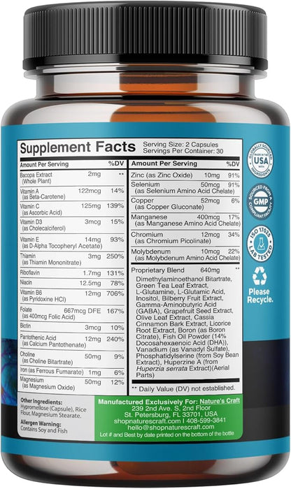 Nootropic Brain Supplement for Memory and Focus Enhancement - Vitamins for Mental Health & Clarity with VIT A, B6, Riboflavin, Niacin, Thiamin & Folate - Cognitive Complex for Mind Vitality - 60 Ct