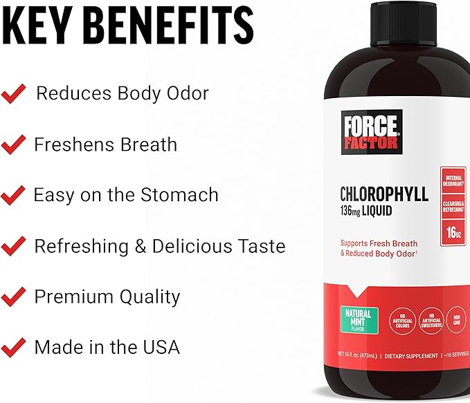 FORCE FACTOR Chlorophyll Liquid Body Deodorizing Supplement, Freshens Breath and Body Naturally, Made with No Artificial Sweeteners or Colors, Non-GMO, Natural Mint Flavor, 16 oz.