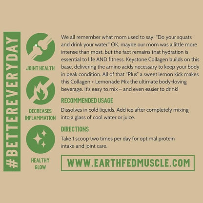 Earth Fed Muscle Keystone Plus Lemonade Collagen - Hair, Skin, Joints, 33 Servings