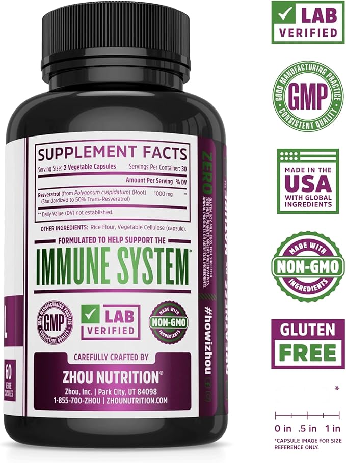 Zhou Resveratrol Supplement | Healthy Aging, Immune System & Heart Health Support | Powerful Antioxidant Benefits | 30 Servings, 60 Veg Caps