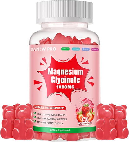 Magnesium Glycinate Gummies 1000mg - Sugar Free Magnesium Potassium Supplement with Vitamin D, B6, CoQ10 for Calm Mood & Sleep Support - 60 Strawberry Gummies
