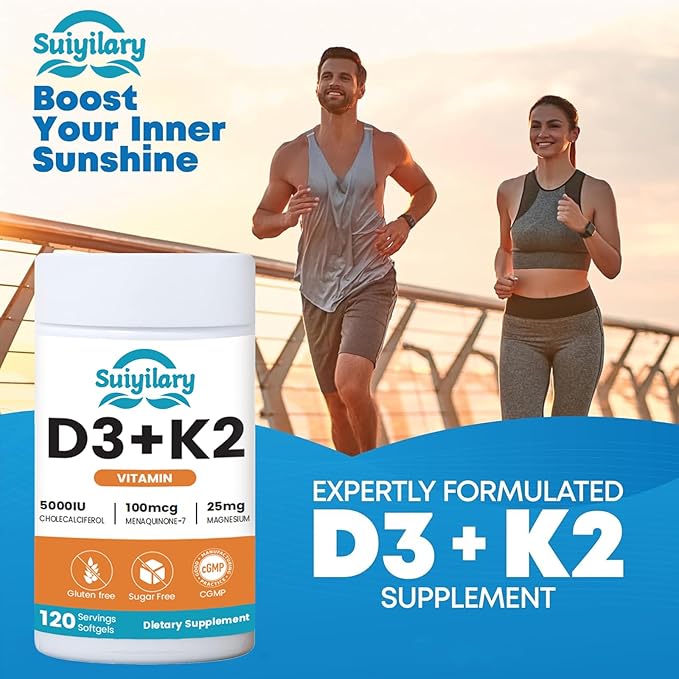 Vitamin D3 K2 Supplement with Vitamin D3 5000 IU, 100 mcg Vitamin K2, Plant Based 2-1 Formula for Bone, Teeth, Muscle and Immune Health Support,120 Softgel Capsules