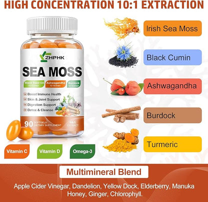 Organic Sea Moss Softgels with Black Seed Oil, Ashwagandha, Burdock, Turmeric, Elderberry, Omega 3 for Immune System, Skin, Joint, Energy, Gut Support 180-Count, 90 Days Supply
