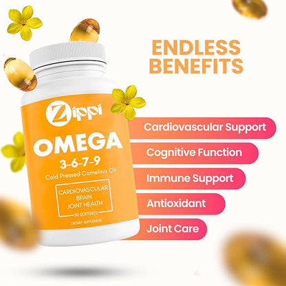Zippi Omega 3-6-7-9 Camelina Softgels - Plant Based Omega 3-6-7-9 Fatty Acid Supplement. Helps to Support Brain, Liver, Cardiovascular, Immunity and Joint Function