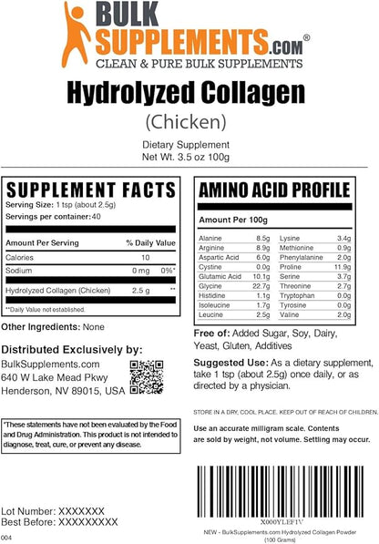 BulkSupplements.com Chicken Collagen Powder - Hydrolyzed Collagen Powder, Collagen Supplement, Collagen Peptides Powder - Gluten Free, 2500mg per Serving, 100g (3.5 oz) (Pack of 1)