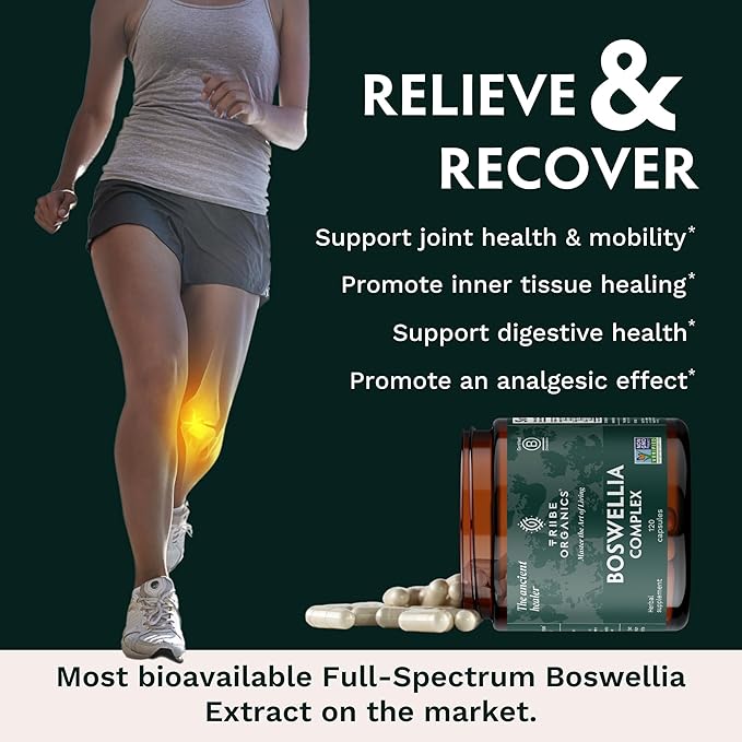 TRIBE ORGANICS Boswellia Serrata Complex Supplement for Joint Support, Muscle Relief - Vegetarian Non-GMO 120 Capsules, High Potency - Boswellin Super with Ginger Extract & Black Pepper - 420mg