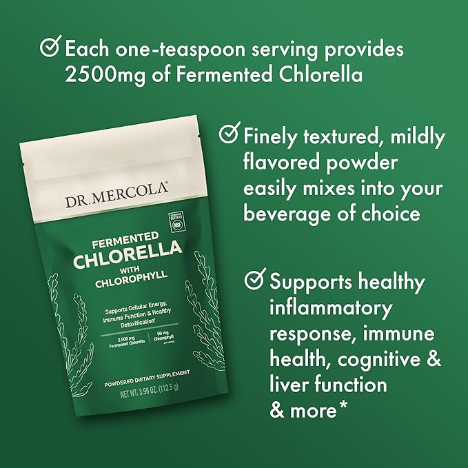 Dr. Mercola Fermented Chlorella with Chlorophyll Powder, 3.96 Oz. (112.5 g), 45 Servings, Supports Cellular Energy and Immune Function, Non-GMO, NSF Contents Certified
