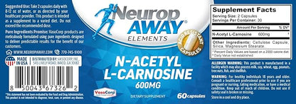 NeuropAWAY Elements N-Acetyl-L-Carnosine 600mg 60CT Acid Resistant Capsules Third Party Tested Manufactured in a CGMP Facility