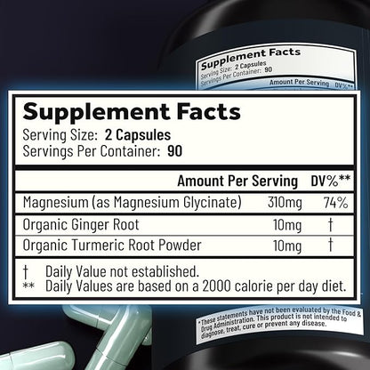 Magnesium Glycinate Capsules with Organic Turmeric and Ginger - 180 Vegan Capsules for Sleep, Relaxation, Muscle Cramps and Immune Support