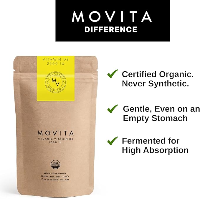 Movita Certified Organic Vitamin D3 2500IU – Supports Energy, Immune Health & Bone Strength – Fermented Whole Foods, Organic, Vegan, Gluten-Free, Non-GMO – 30-Day Supply (Eco-Friendly Pouch)