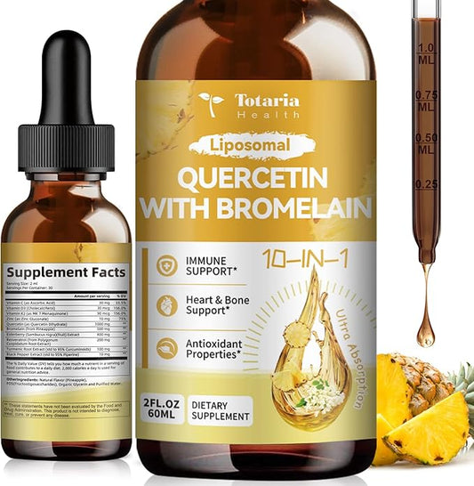 Liposomal Quercetin with Bromelain Liquid Drops - High Absorption Quercetin 1000mg & Bromelain 500mg Plus Elderberry,Vitamin C,Zinc for Immune & Antioxidant & Heart & Bone Support- 2 Fl Oz