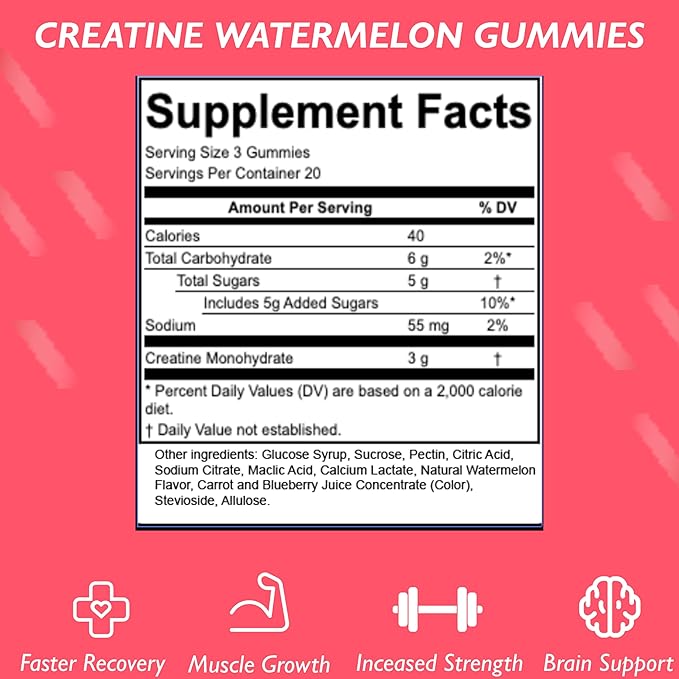 Bizi Creatine Watermelon Gummies for Men & Women, Creatine Monohydrate Gummies, Watermelon Flavor Creatine Gummy, Workout, Muscle Growth, & Recovery Supplement, Vegan & Gluten Free (60 ct)
