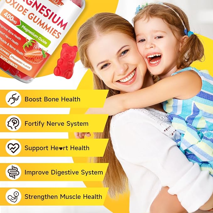 Magnesium Oxide Gummies 400mg, Chewable Magnesium Oxide Supplement for Adults & Kids, Nerve & Muscle Support, Non-GMO, Sugar-Free, Strawberry Flavor, 60 Count