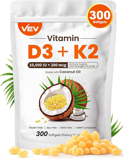 VEV Vitamin D3 Con K2 10000 IU, 300 Virgin Coconut Oil Softgels, 2 in 1 Vitamins Supplement D & K (Include MK7), Easy to Swallow, Supports Calcium Absorption, Bone Health(Packaging May Vary)