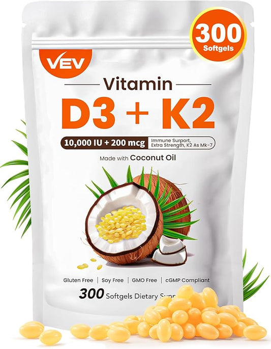 VEV Vitamin D3 Con K2 10000 IU, 300 Virgin Coconut Oil Softgels, 2 in 1 Vitamins Supplement D & K (Include MK7), Easy to Swallow, Supports Calcium Absorption, Bone Health(Packaging May Vary)