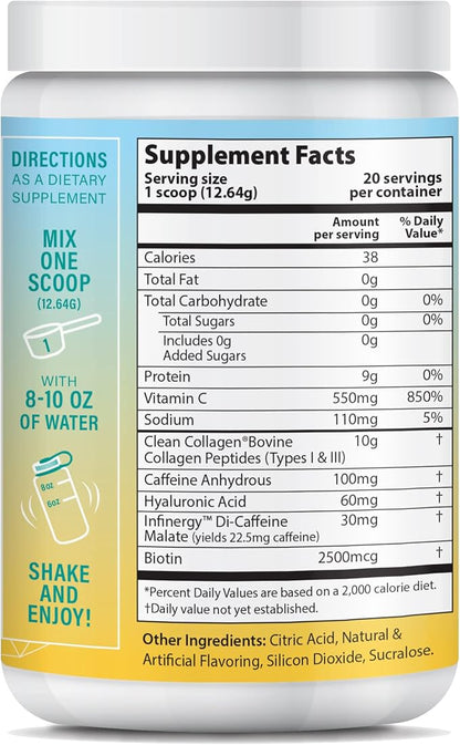 Peptide Energy Collagen Powder Hair, Nail, Skin, Type I & III,Caffeine for Energy, Vitamin C, Biotin, Hyaluronic Acid, Zero Sugar – 8.92 oz (Pina Colada)