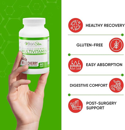BariSlim Advanced Chewable Bariatric Multivitamin Tablets - Bariatric Vitamin and Supplement for Post Bariatric Surgery Including Gastric Bypass and Gastric Sleeve | Wild Cherry (60 Count)