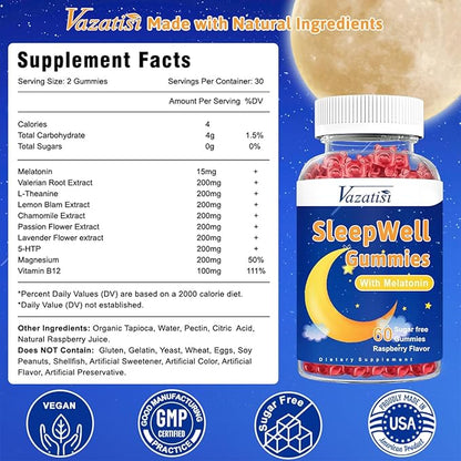 Sleep Gummies for Adults and Kids - Sugar Free Melatonin Gummies with 7.5mg of Melatonin Per Gummy, Magnesium, L-Theanine, Vitamin B12, Vegetarian - 60 Raspberry Gummies