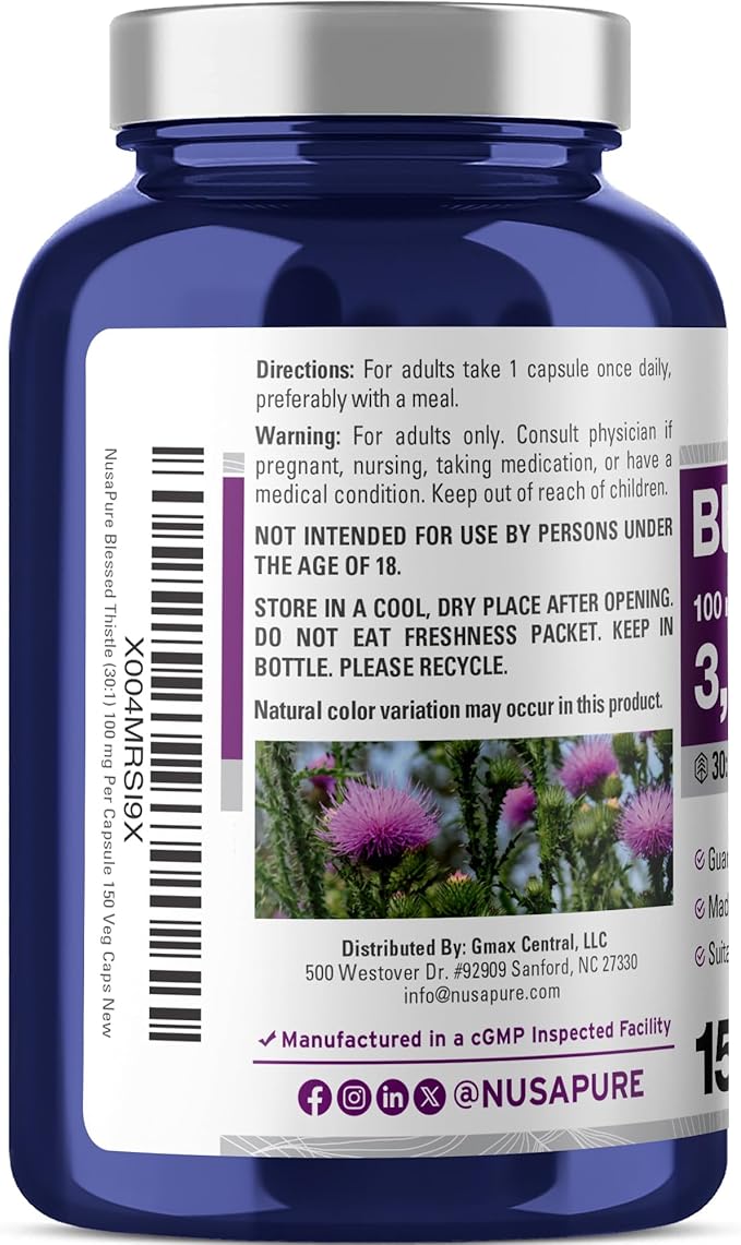 NusaPure Blessed Thistle Seed 30:1 Extract, 100 mg Equivalent to 3,000mg Per Veggie Caps 150 Count (Non-GMO, Vegan)