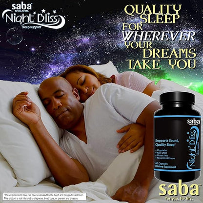 Saba Night Bliss Natural Sleep Aid | Non-Habit Forming | Sleep Supplement for Longer Sleep & Stress Relief w/Magnesium, Melatonin, GABA, Chamomile, & Valerian (60 Vegan Capsules, 30 Day Supply)