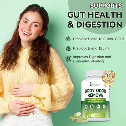 Body Deodorizing Supplement, Chlorophyll Capsules with Parsley & Peppermint, Probiotic, Green Tea, Jerusalem Artichoke, Prebiotic, Supports Fresh Breath & Whole-Body Freshness, 120 Capsules