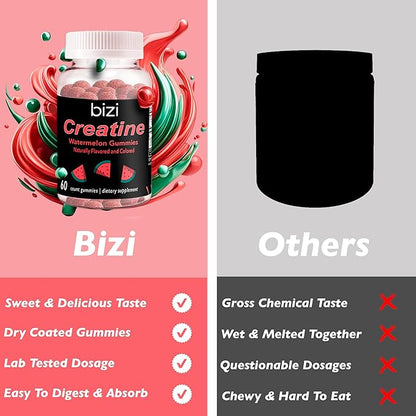 Bizi Creatine Watermelon Gummies for Men & Women, Creatine Monohydrate Gummies, Watermelon Flavor Creatine Gummy, Workout, Muscle Growth, & Recovery Supplement, Vegan & Gluten Free (60 ct)
