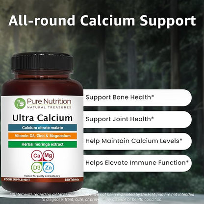 Pure Nutrition Ultra Calcium Citrate 1000mg Highly absorbable Calcium Supplement with Calcium Citrate Malate, Vitamin D, Zinc and Magnesium - 1 Tablet Daily (180 Veg Tabs) Non-GMO | Gluten-Free