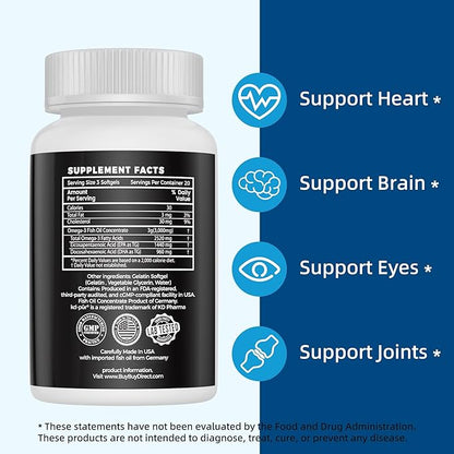 Pharmaceutical Grade Omega 3 Fish Oil, KD-PÜR Premium Germany Fish Oil Supplements 2520mg with EPA & DHA- Supports Brain, Heart & Immunity (60 Softgels)