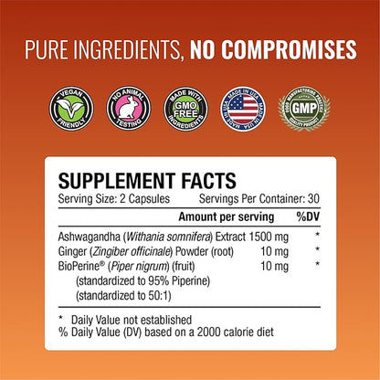 Approved Science Ashwagandha 1500mg with Bioperine® and Ginger- Enhance Memory, Boost Mood & Energy - 60 Vegan Friendly Capsules (6 Bottles)
