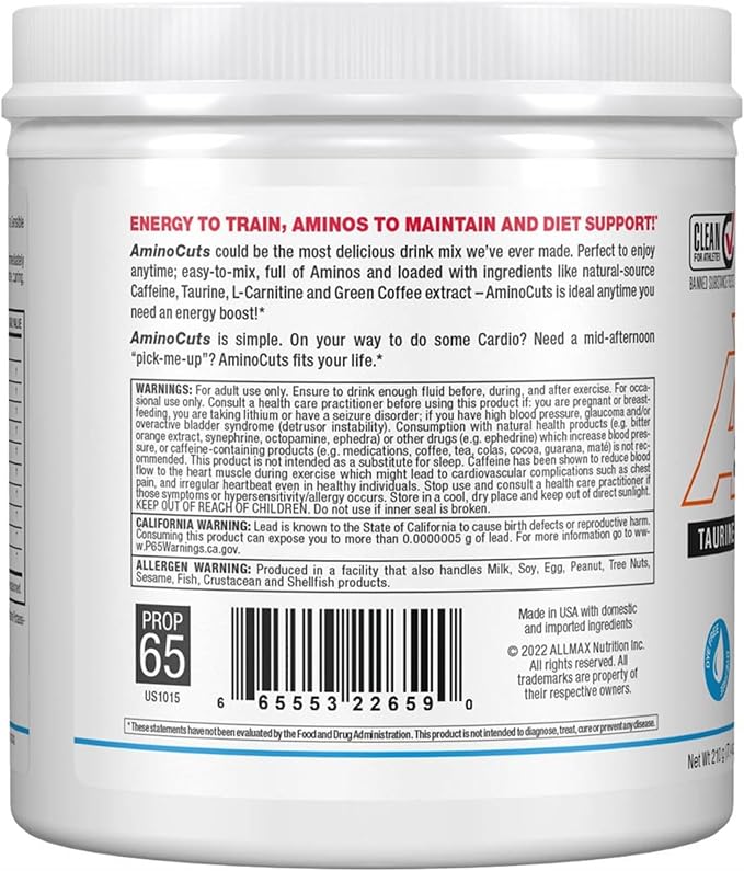 ALLMAX Nutrition AMINOCUTS (ACUTS), Amino-Charged Energy Drink with Taurine, L-Carnitine, Green Coffee Bean Extract, Blue Raspberry, 36 Servings