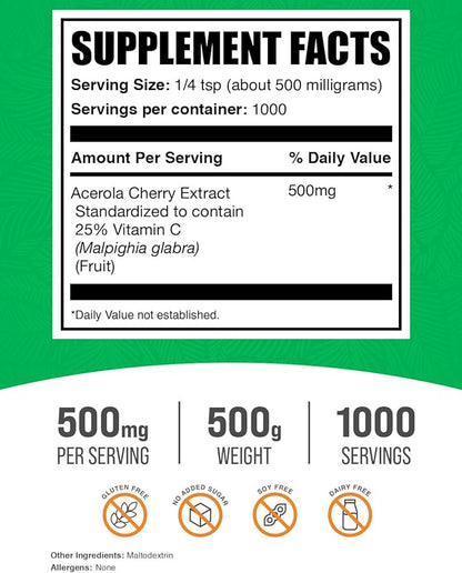 BulkSupplements.com Acerola Cherry Extract Powder - Natural Vitamin C Supplement, Acerola Cherry Powder - Vegan & Gluten Free, 500mg per Serving, 500g (1.1 lbs) (Pack of 1)