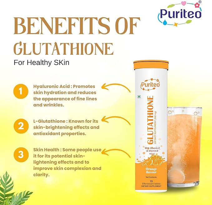 Glutathione 15 Effervescent Tablets with Vitamin C & E, for Clear Skin & Hydration, No Added Sugar, Orange Flavour - (15 Tablets, Pack of 4)