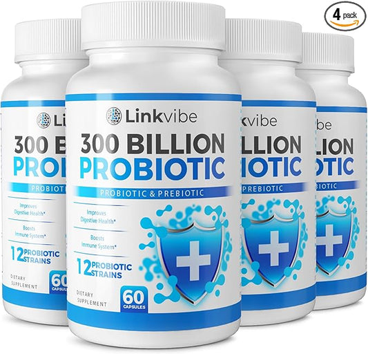 Probiotic 300 Billion CFU - 12 Strains with Organic Prebiotics for Digestive & Gut, Immune, Bloating Health - Probiotics for Women and Men - Daily Dairy Free, Shelf Stable - 240 Counts