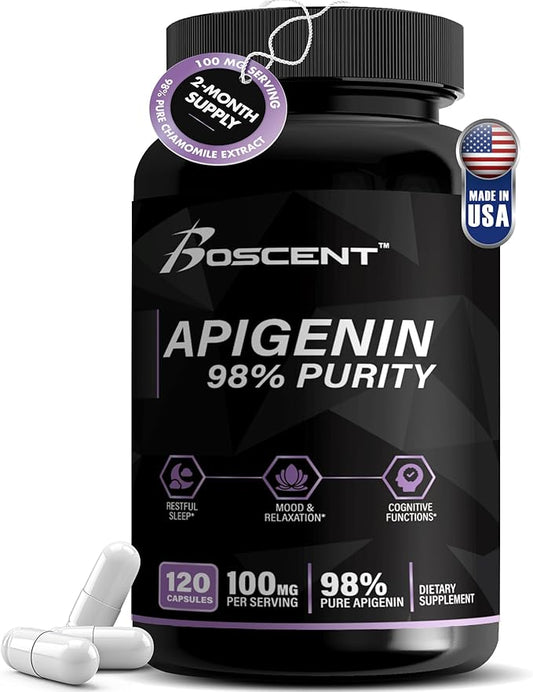 Apigenin Supplement 100mg from Chamomile Extract 120 Count - 98% purity- Apigenin Supplement for Sleep, Mood, Cognition, Prostate health - Excellent sleep aid, Non-GMO, No Fillers - 4-Month Supply
